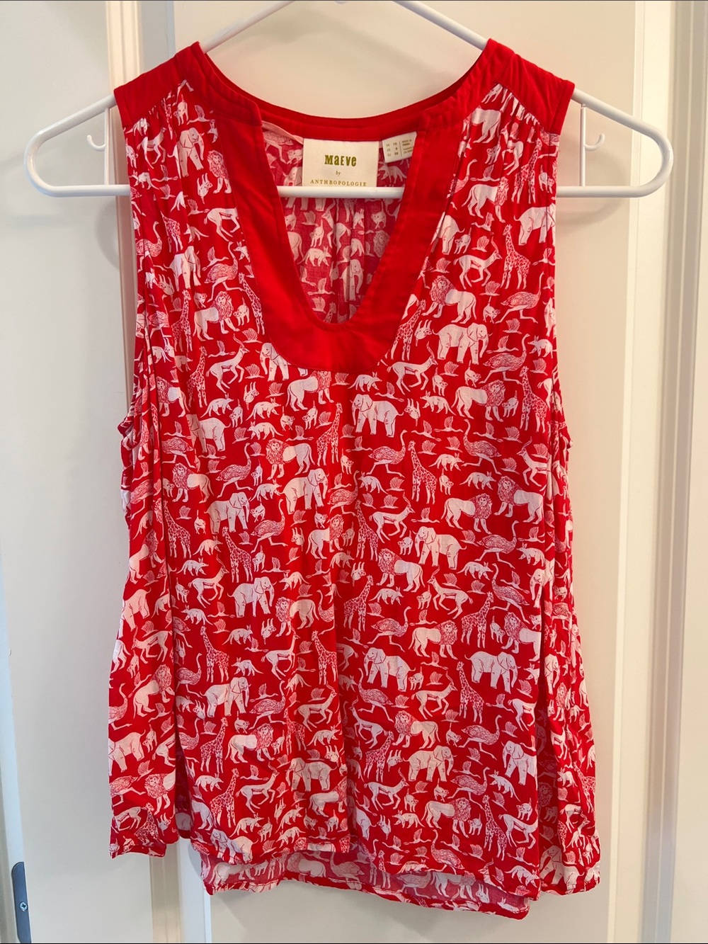 Maeve Red & White Animal-Print V-Neck Sleeveless Blouse